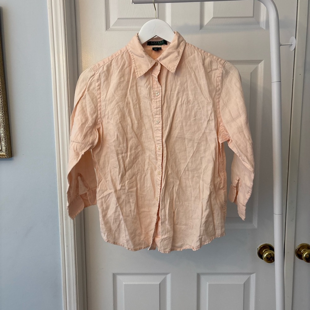 Ralph Lauren Linen Peach Button Shirt 3 Quarter Inch Sleeves Size Small Petite - Picture 7 of 7
